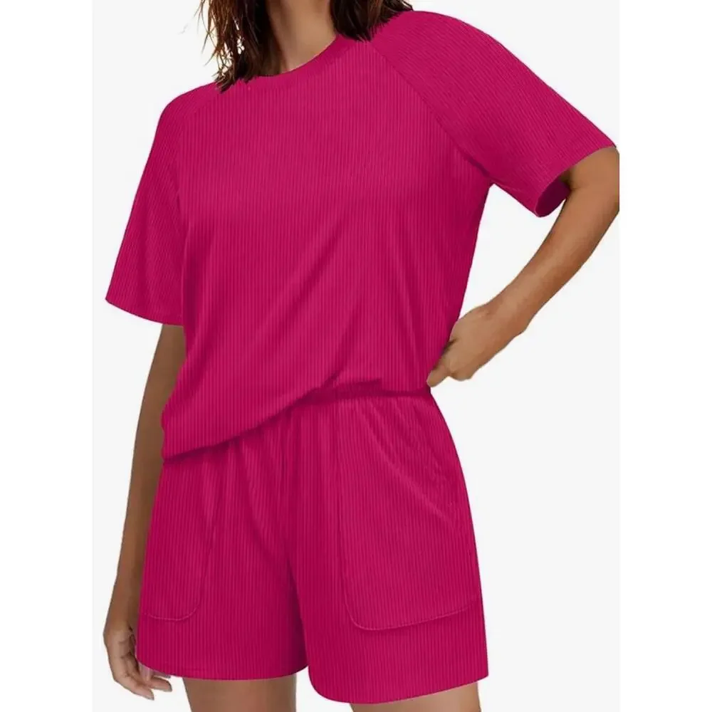 Womens Large Pink Ribbed Shirt & Shorts Comfy Pull-On Stretchy Lounge Set! A893 - Picture 2 of 10